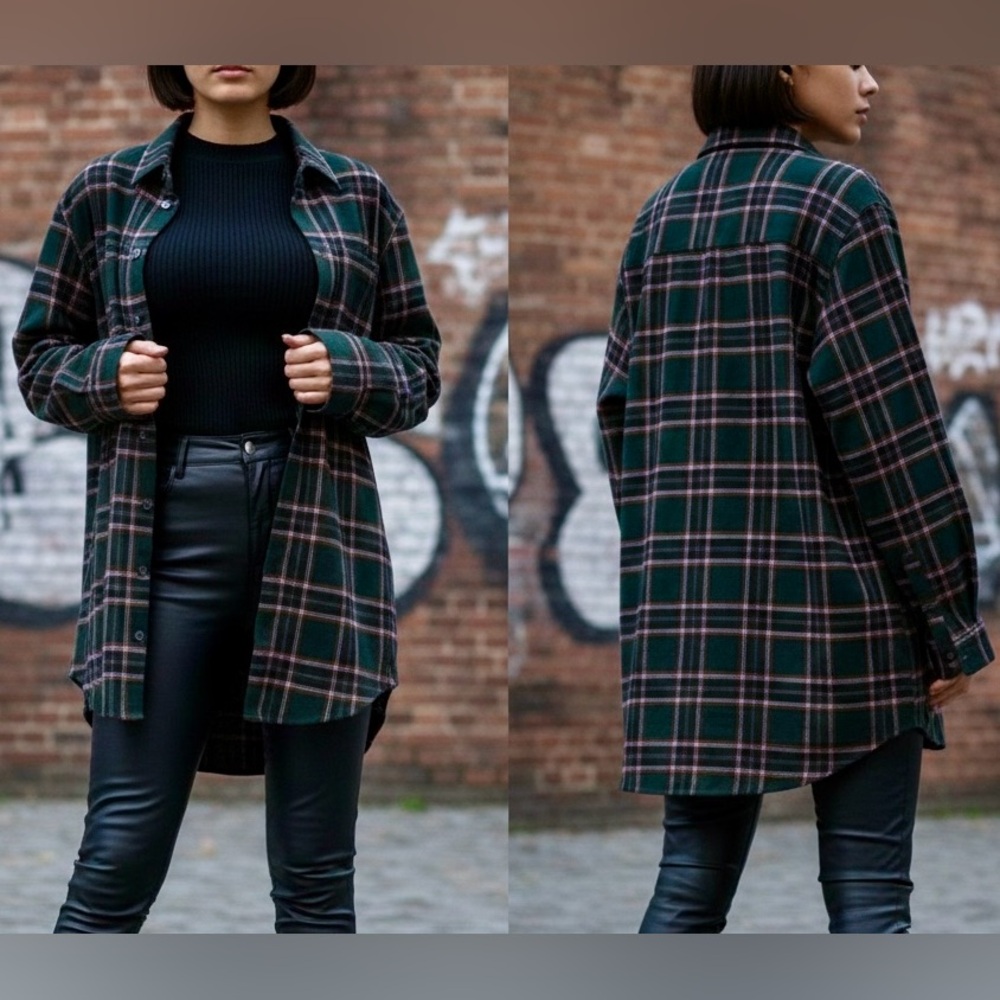 dELiA*s Grunge Dreaming My Dreams Oversized Flannel - Green, Pink & Brown Plaid